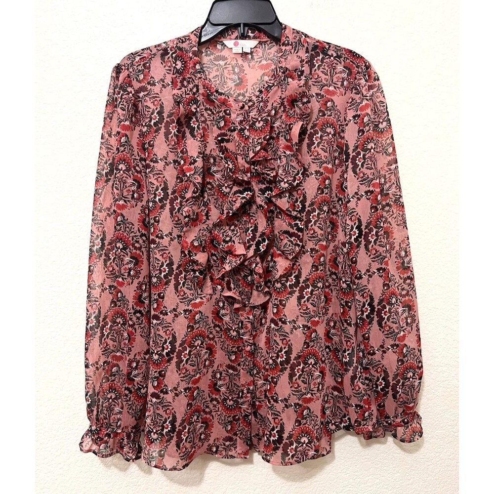 BODEN Pink/Red Floral Ruffled Front Blouse Button Up Semi-Sheer Women's US 12